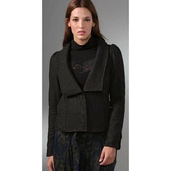 Free People Charcoal Gray Herringbone Gathered Puff Shoulder Wool Blend Jacket - Picture 5 of 16